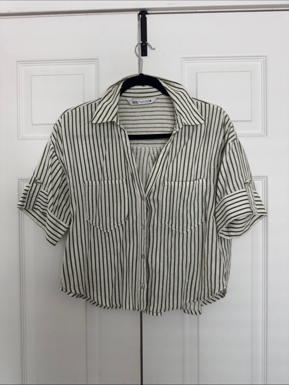 Zara Cream & Olive Green Vertical Stripe Short Sleeve Shirt